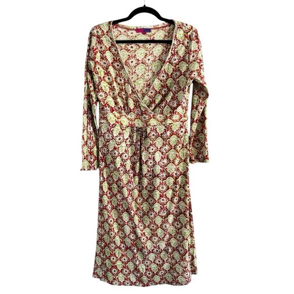 Nila Rubia Pink Green Paisley Hand Block Print Faux Wrap Long Sleeve Dress Large - Picture 1 of 6